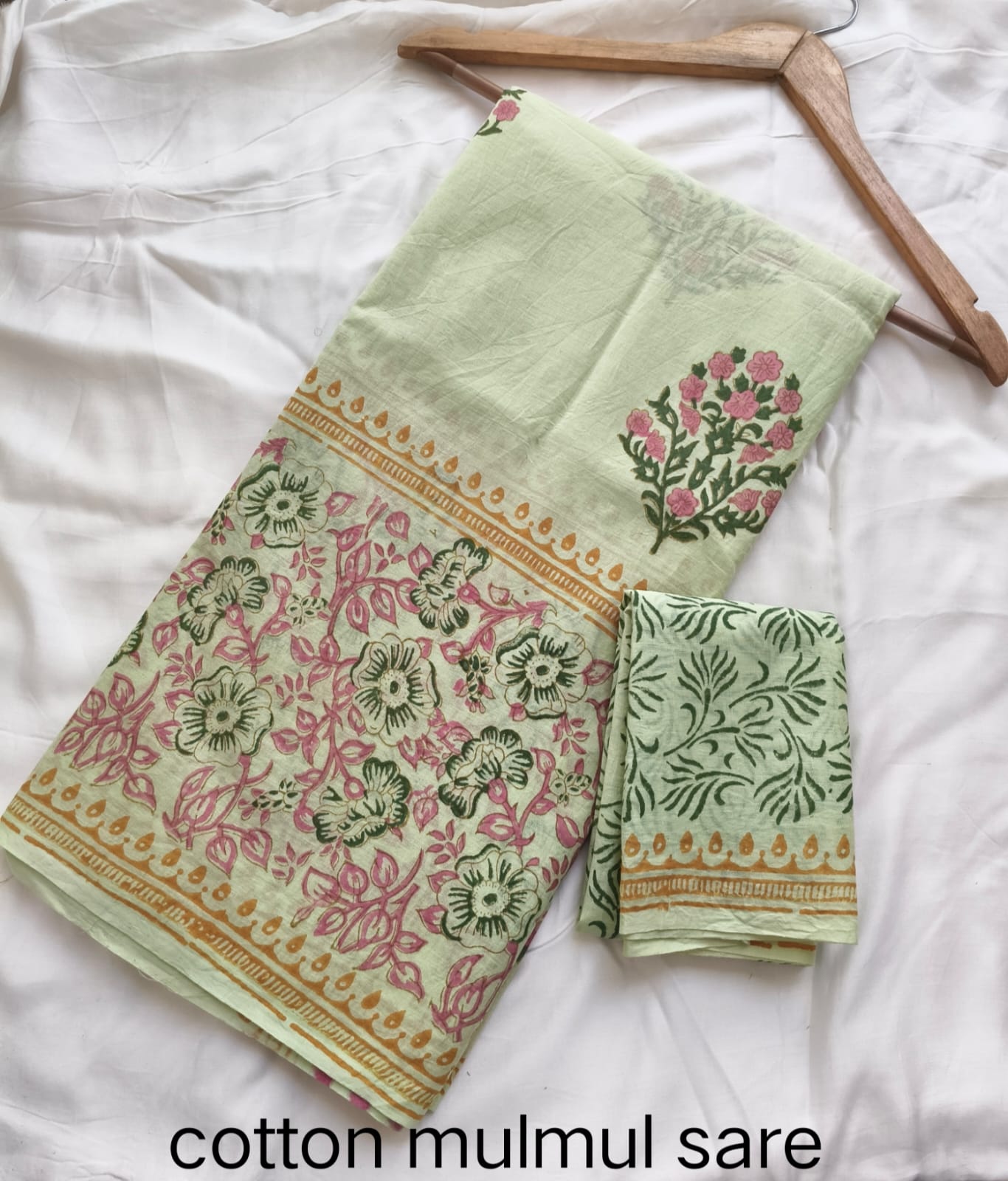 Cotton Mulmul Saree in mango, white and pink – Pure cotton handblock printed saree wholesale by Fabtexs